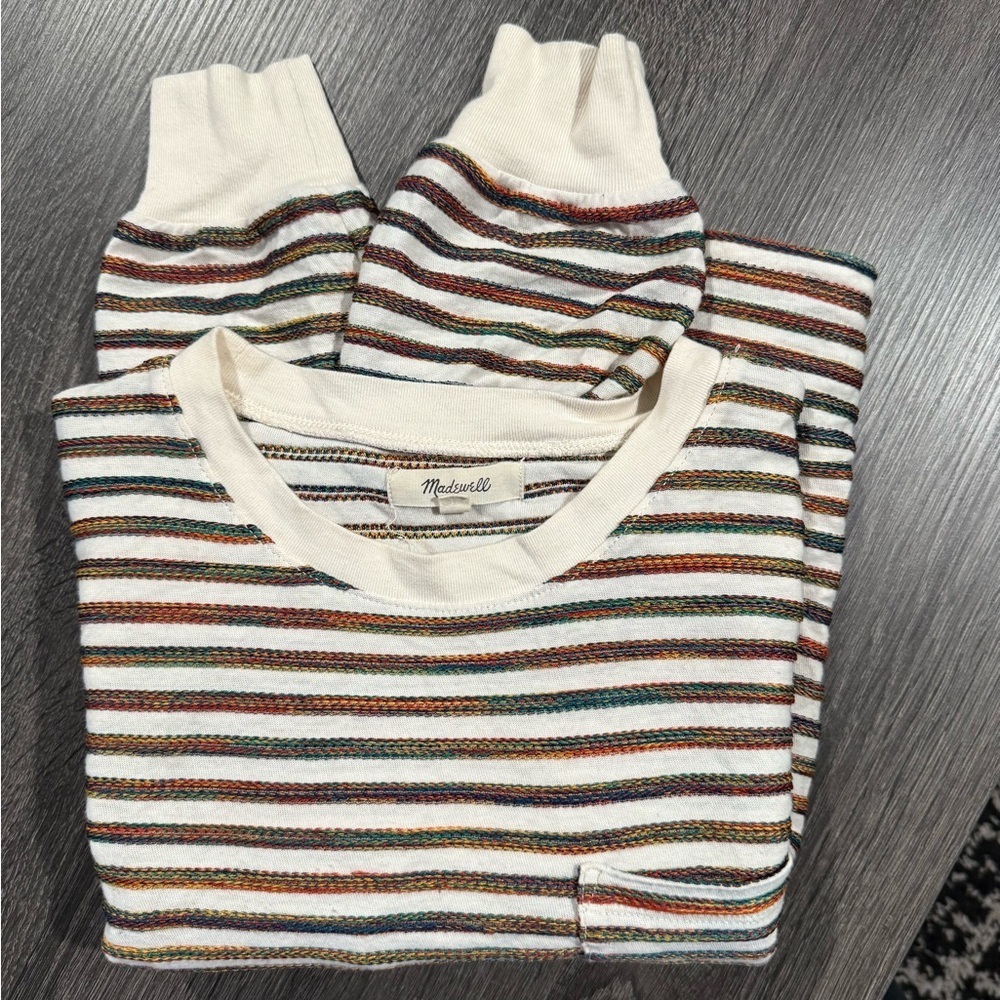 Madewell Kids Long Sleeve Striped Tee in Cream with Brown & Green Stripes - Picture 11 of 12